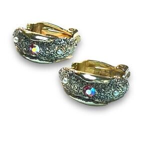 1950s VTG JUDY LEE JEWELRY EARRINGS GOLDTONE FAUX PEARLS & GEMSTONES CLIP HOOPS